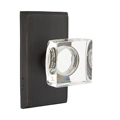 Emtek Bronze Modern Square Crystal Door Knob with #3 Rose Medium Bronze Patina