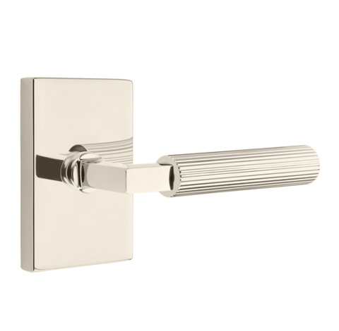 Emtek Select Straight Knurled Door Lever Set with L-Square Stem Modern Rectangular Rose Polished Nickel