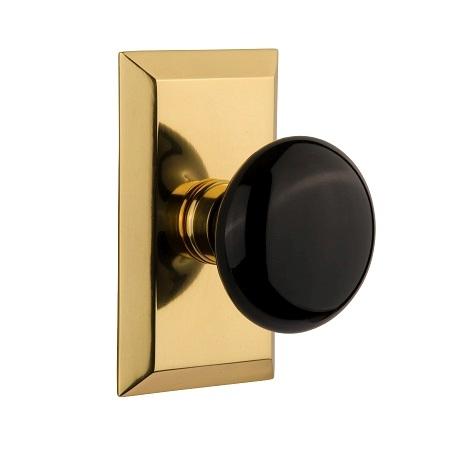 Nostalgic Warehouse Studio Plate with Black Porcelain Knob Polished Brass 