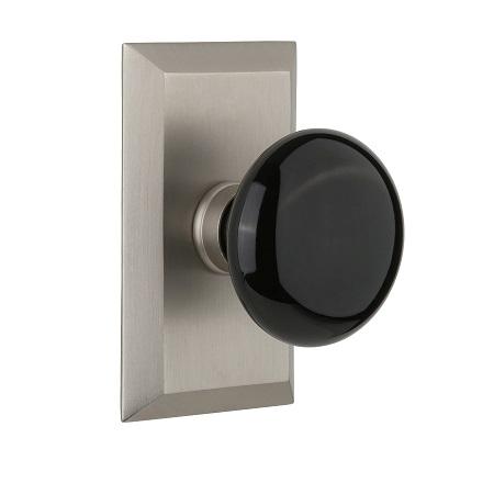 Nostalgic Warehouse Studio Plate with Black Porcelain Knob Satin Nickel 