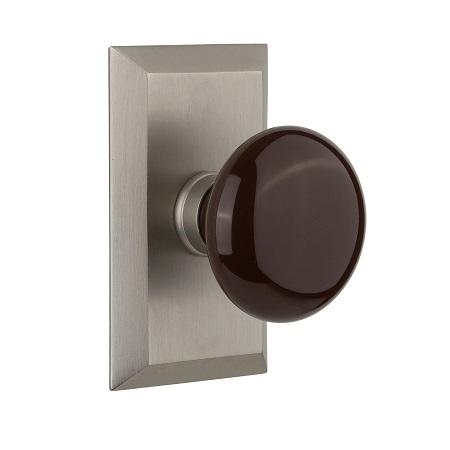 Nostalgic Warehouse Studio Plate with Brown Porcelain Knob Satin Nickel 