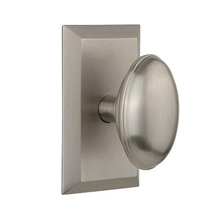 Nostalgic Warehouse Studio Plate with Homestead Knob Satin Nickel 