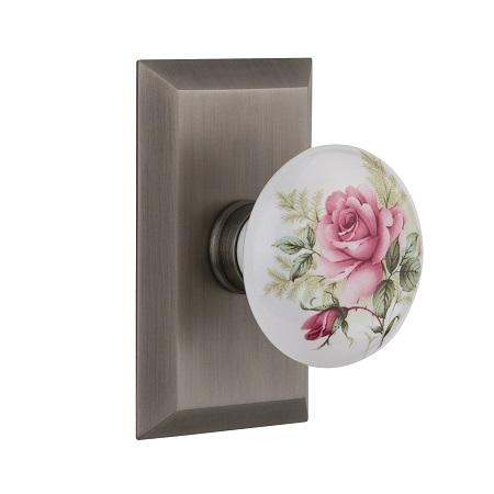 Nostalgic Warehouse Studio Plate with Rose Porcelain Knob Antique Pewter 