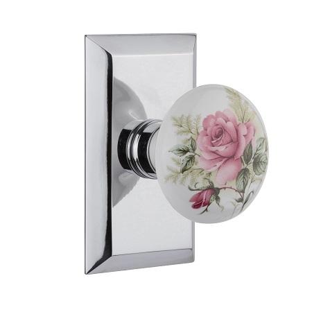 Nostalgic Warehouse Studio Plate with Rose Porcelain Knob Bright Chrome