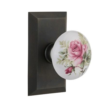 Nostalgic Warehouse Studio Plate with Rose Porcelain Knob Oil Rubbed Bronze