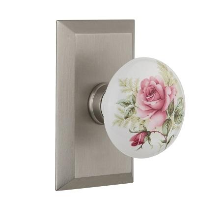 Nostalgic Warehouse Studio Plate with Rose Porcelain Knob Satin Nickel 