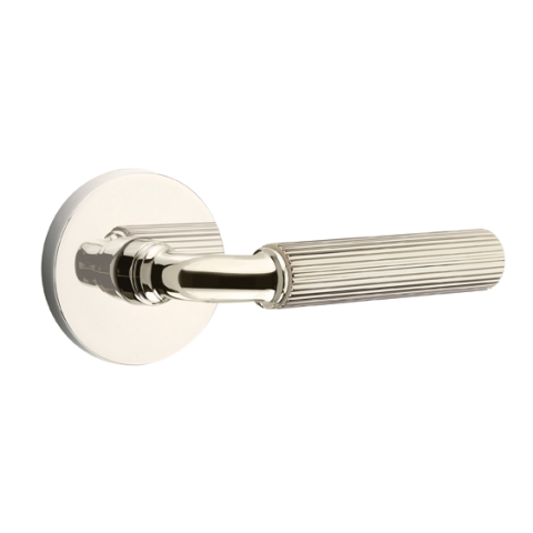 Emtek Select Straight Knurled Door Lever Set with R-Bar Stem w/Disk Rose Polished Nickel