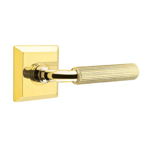 Emtek Select Straight Knurled Door Lever Set with R-Bar Stem w/Quincy Rose Unlacquered Brass