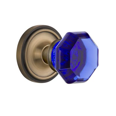 Nostalgic Warehouse Waldorf Cobalt Crystal Knob Set Classic Rose in Antique Brass