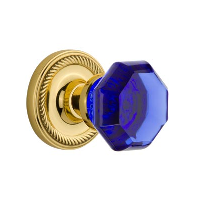 Nostalgic Warehouse Waldorf Cobalt Crystal Knob Set Rope Rose Polished Brass