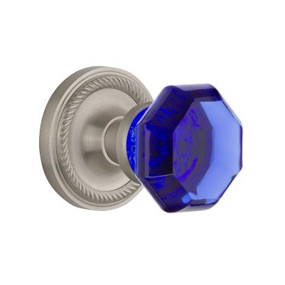 Nostalgic Warehouse Waldorf Cobalt Crystal Knob Set Rope Rose in Satin Nickel