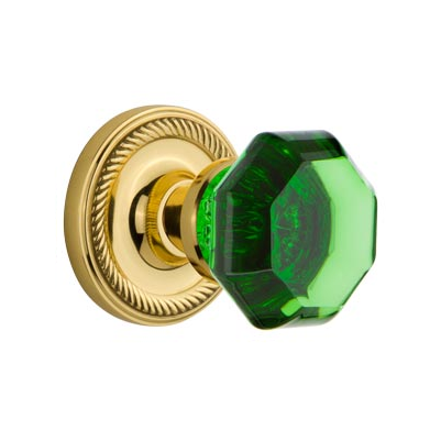 Nostalgic Warehouse Waldorf Emerald Green Crystal Knob Set Rope Rose Polished Brass