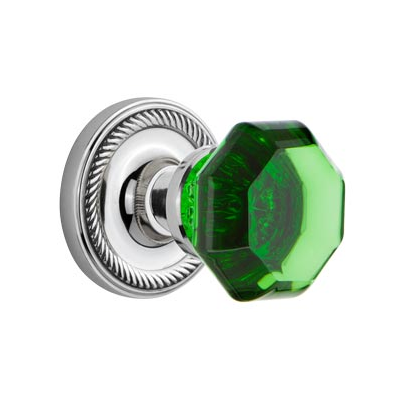 Nostalgic Warehouse Waldorf Emerald Green Crystal Knob Set Rope Rose Polished Chrome