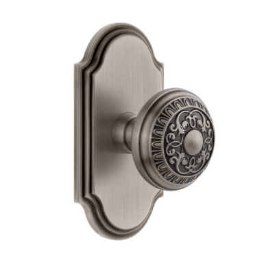 Grandeur Windsor Door Knob Set with Arc Short Plate Antique Pewter