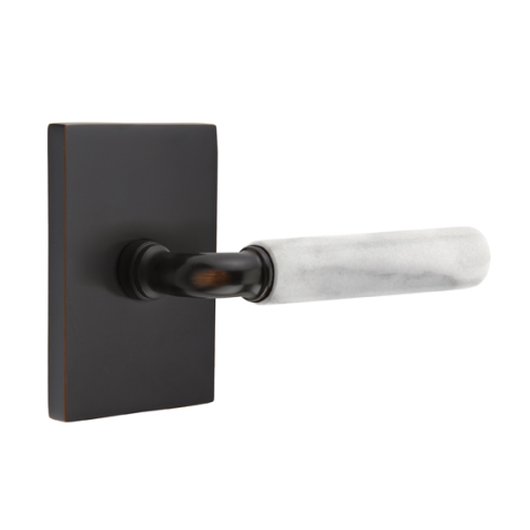 Emtek Select White Marble Modern Door Lever Set with R-Bar Stem w/Modern Rectangular Rose Oil Rubbed Bronze