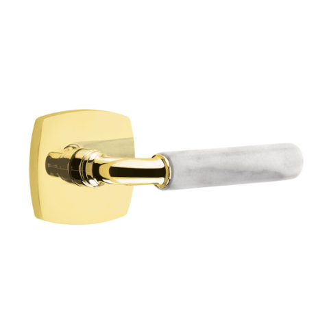 Emtek Select White Marble Modern Door Lever Set with R-Bar Stem w/Urban Modern Rose Unlacquered Brass