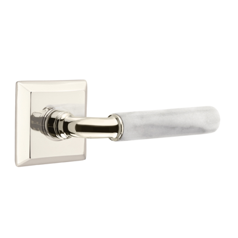 Emtek Select White Marble Modern Door Lever Set with R-Bar Stem w/Quincy Rose Polished Nickel