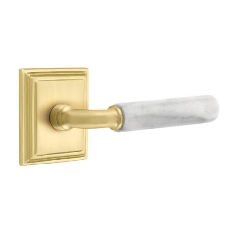 Emtek Select White Marble Modern Door Lever Set with R-Bar Stem w/Wilshire Rose Satin Brass