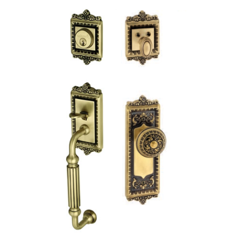 Grandeur Windsor Handleset with F grip shown with Windsor Knob in Antique Brass 