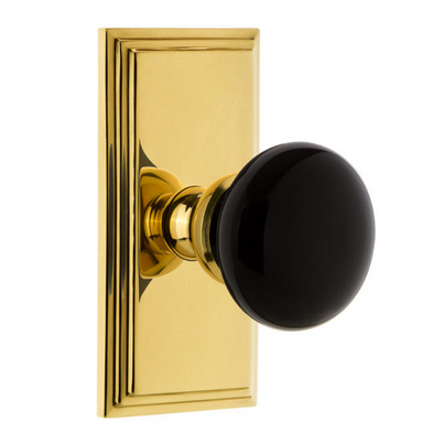 Grandeur Coventry Porcelain Door Knob Set with Carre Shortplate Polished Brass