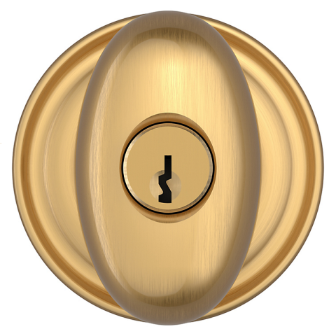 Baldwin Reserve Ellipse Knob with round rose (TRR) shown in Satin Brass (044)