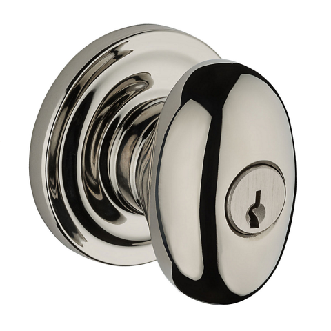 Baldwin Reserve Ellipse Knob with round rose (TRR) shown in Lifetime Polished Nickel (055)