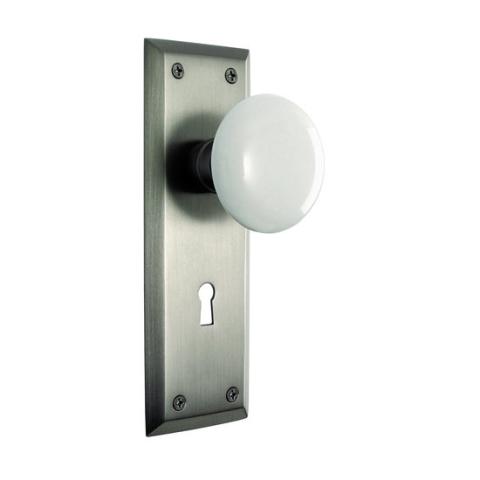 Nostalgic Warehouse New York Backplate with Porcelain Knob Satin Nickel (SN)