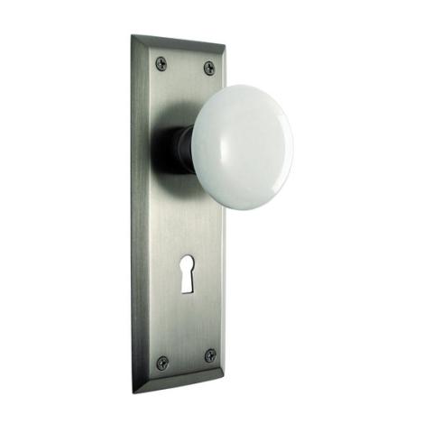 Nostalgic Warehouse New York Backplate with White Porcelain knob Satin Nickel