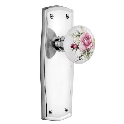 Nostalgic Warehouse Prairie Backplate with Rose Porcelain Knob Brigh Chrome 