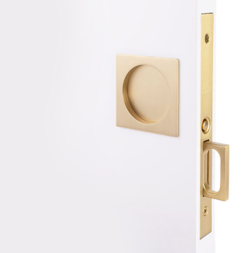 Emtek 2184 Square Passage Pocket Door Mortise Lock shown in Satin Brass (US4)