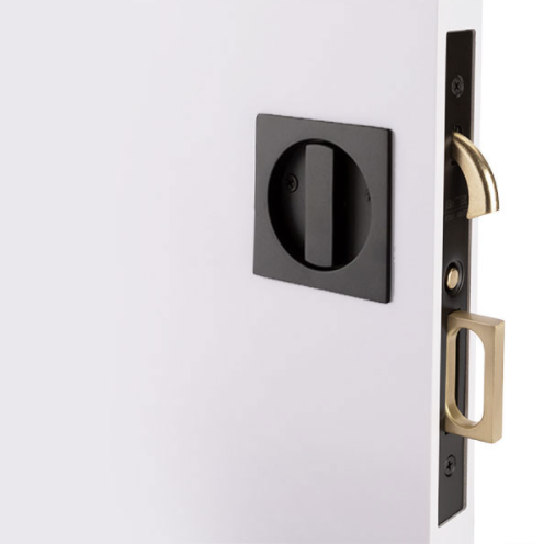 Emtek 2185 Square Privacy Pocket Door Mortise Lock Interior shown in Flat Black (US19)