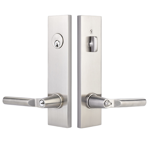 Emtek Modern Rectangular Two Point Keyed Entry shown with Hanover Lever