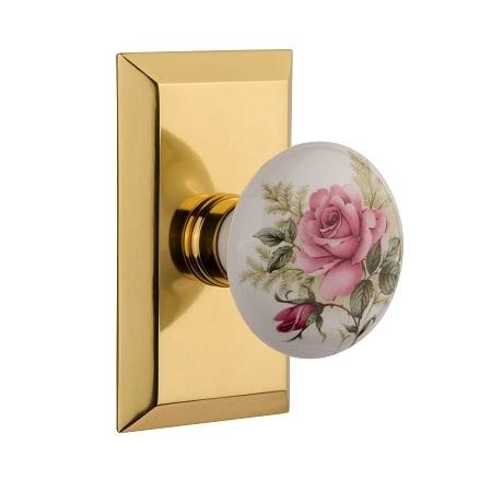 Nostalgic Warehouse Studio Plate with Rose Porcelain Knob Polished Brass 