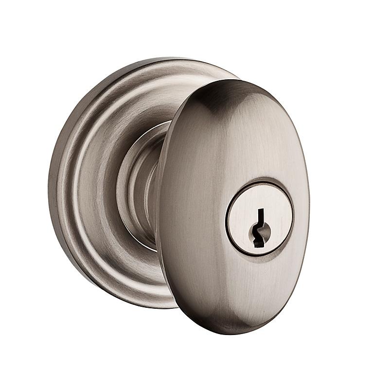 Baldwin Reserve Ellipse Knob with round rose (TRR) shown in Satin Nickel (150)