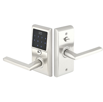 Emtek EMTouch Brass Keypad Leverset shown with Helios Lever Satin Nickel